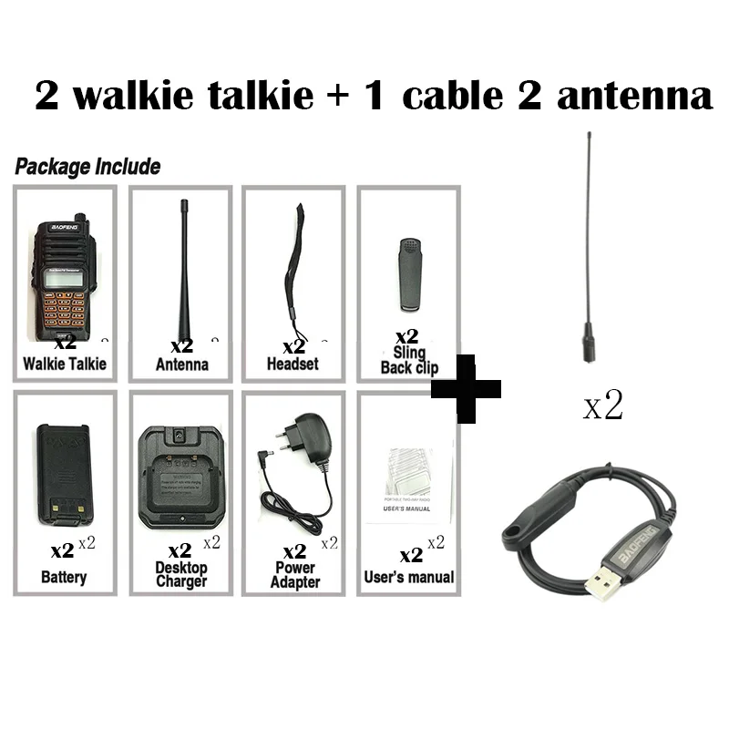 Add 2 antenna 1cable 2PCS New 100%original Baofeng UV-9R Plus IP67 WaterproofRadio Walkie Talkie 8W UHF&VHF 128CH 2800mAh Walkie Talkie Radio Station - Цвет: Add 2 antenna 1cable