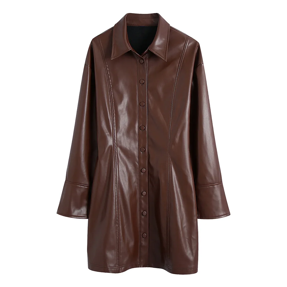 

2021 Модное платье из искусственной кожи для женщин с отложным воротником с длинным рукавом мини-платья на пуговицах офисная леди элегантное ...