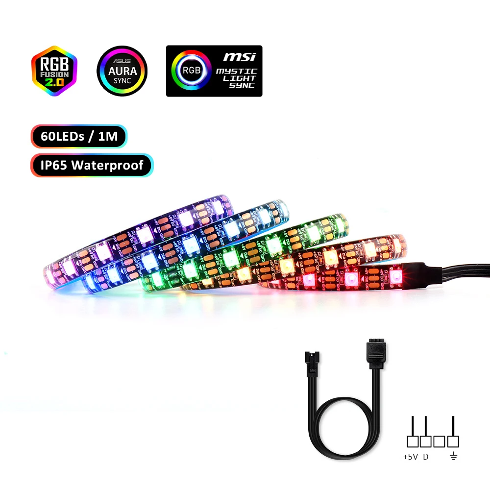 60 LEDs IP65 Материнская плата RGB адресуемых WS2812b Светодиодные ленты для ПК чехол для ASUS Aura SYNC, MSI Mystic светильник синхронизации, RGB Fusion 2,0, 3 Pin Header - Испускаемый цвет: 60 LEDs IP65