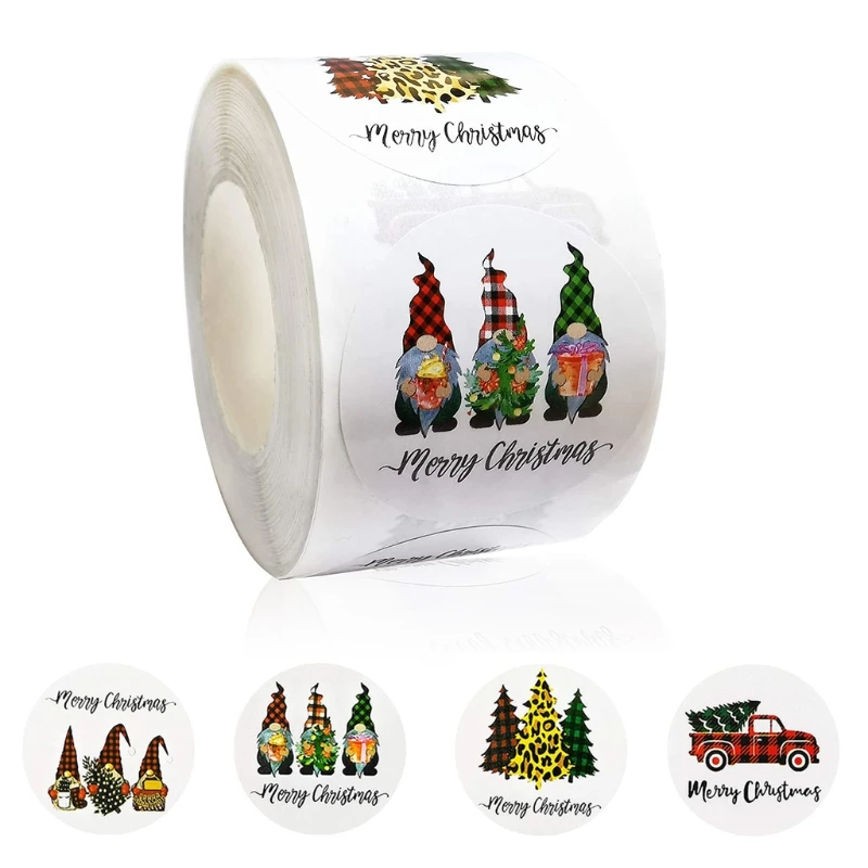 

500Pcs Merry Christmas Round Stickers Roll Gnome Xmas Tree Adhesive Labels