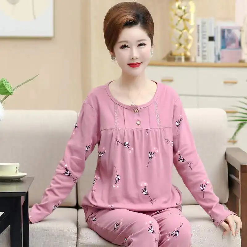 Spring Autumn Pajama Set For Women Long-Sleeved Trousers Round Neck 2-Piece Set Home Clothes Pyjamas Plus Size Mother Pajamas