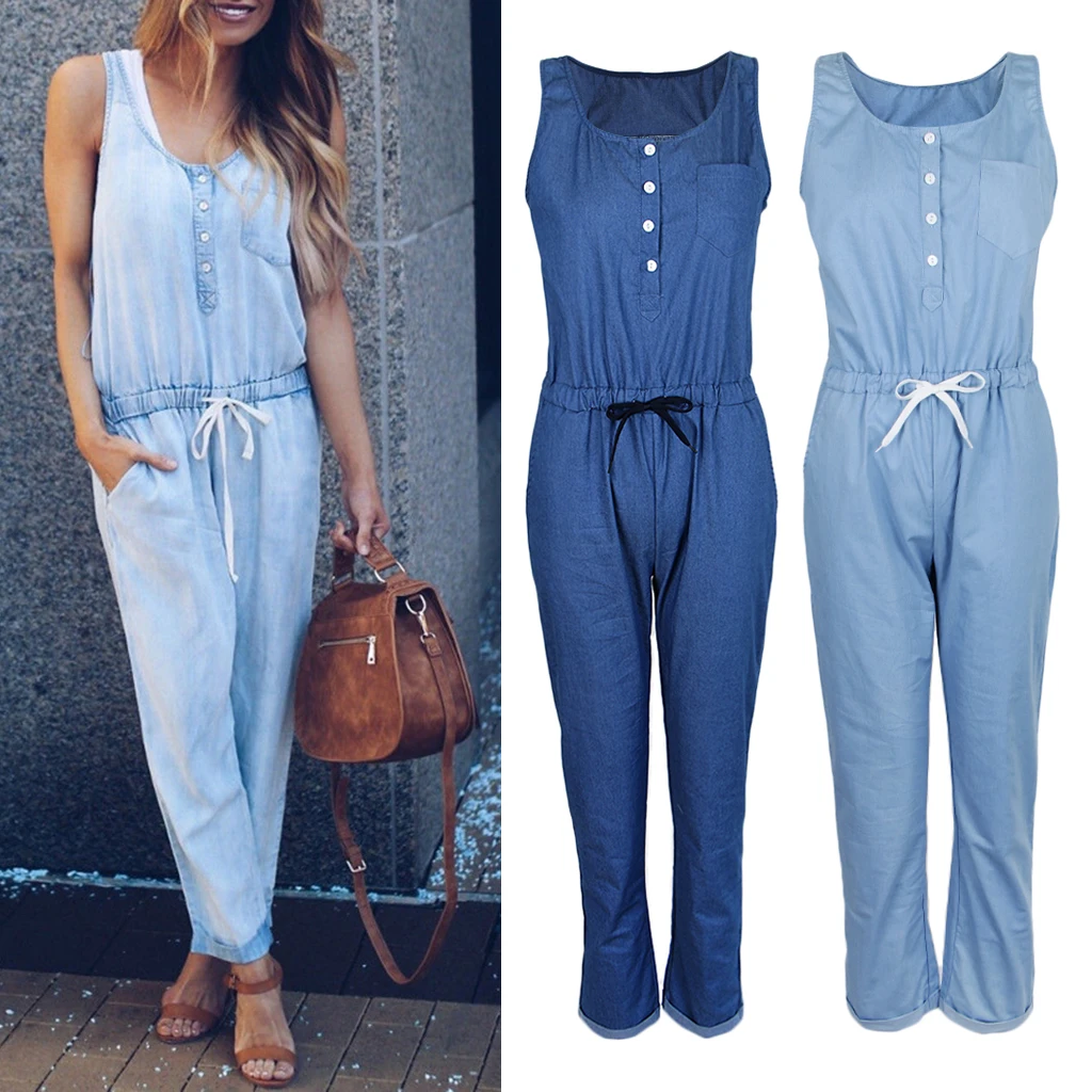 Женский джинсовый комбинезон без рукавов длинные штаны комбинезоны женская