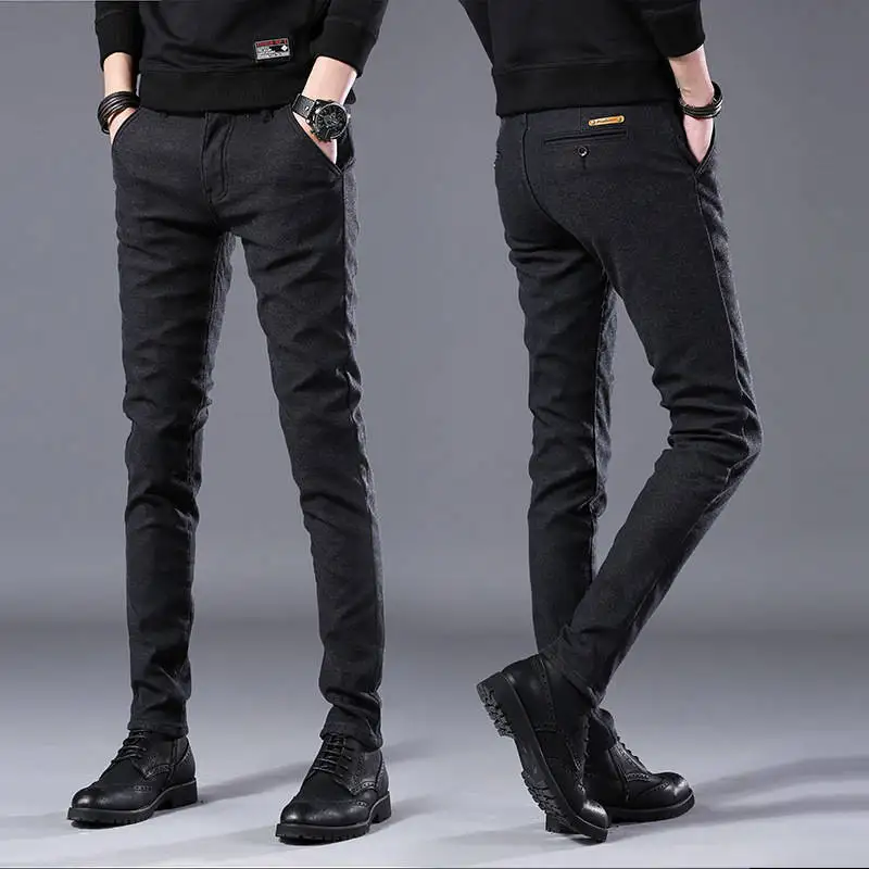 

Men's casual pants men's autumn and winter new youth slim feet cotton plus velvet warm trousers Korean business men's pants