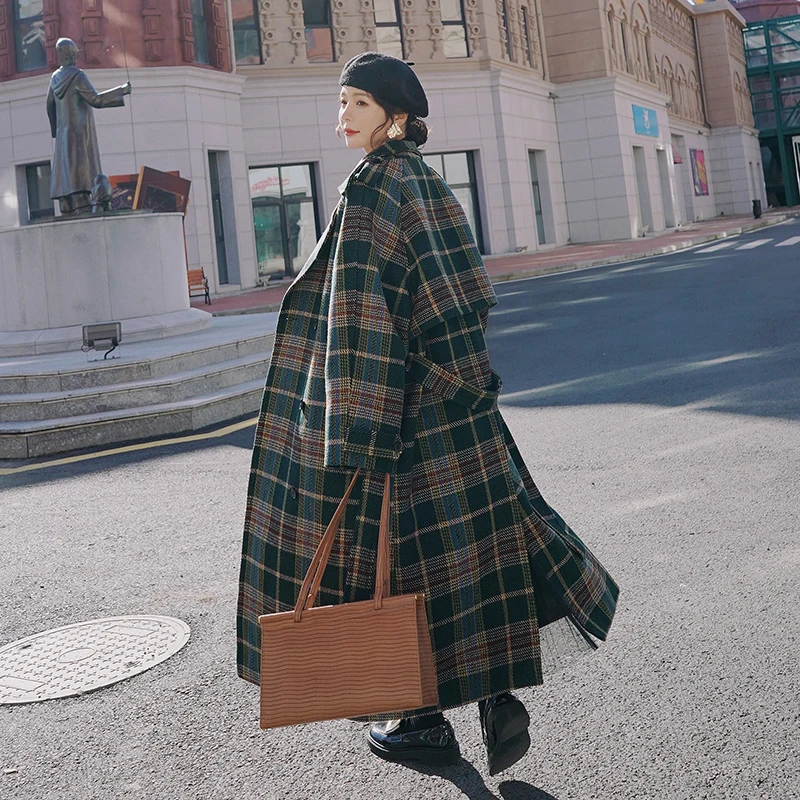 

Oversized Loose Casual Thickened Warm Women Coat Autumn Winter 2021 Female Jacket Plaid Woolen Coat Mid-Length British Style