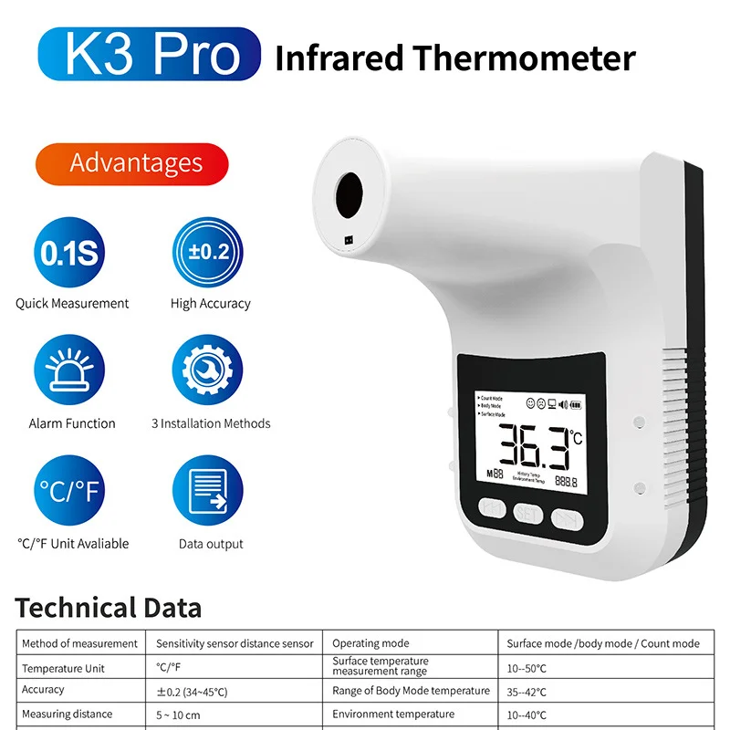 K3 Pro Infrared Electronic Thermometer Wall-mounted Infrared Sensor Automatic Body Temperature Sensor For Vehicles