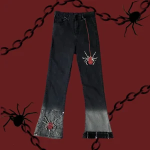 Diamond Spider Beading cobweb lace patch Flare Pant Women Hot Girls Punk Gothic Grunge Vintage Black in USA (United States)