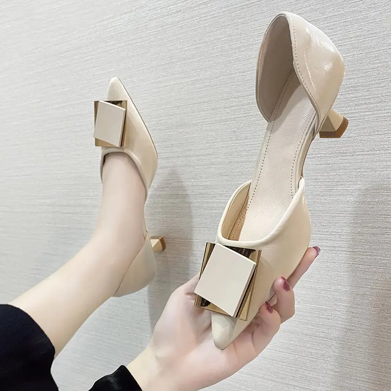 

High Heels Pointed Toe Slimming Shoes 2021 Brief Pumps Shallow Mouth Slip On Lace-Up Sandals Ladies Spikes All-Match Fine Latest