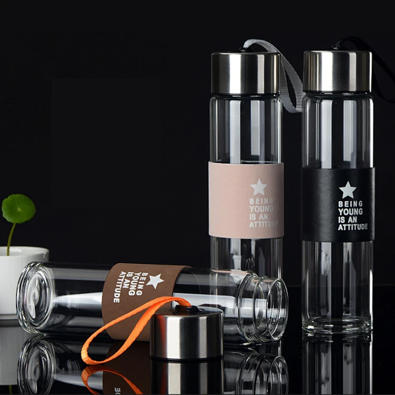 

Fashion cup with tea leak transparent straight couple glasses cute student cup with lid rope