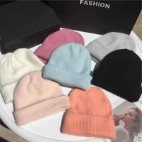 2021 fashion soft warm fluffy winter hat pure color rabbit hair knitted wool hat womens warm ear protection cover head pile cap