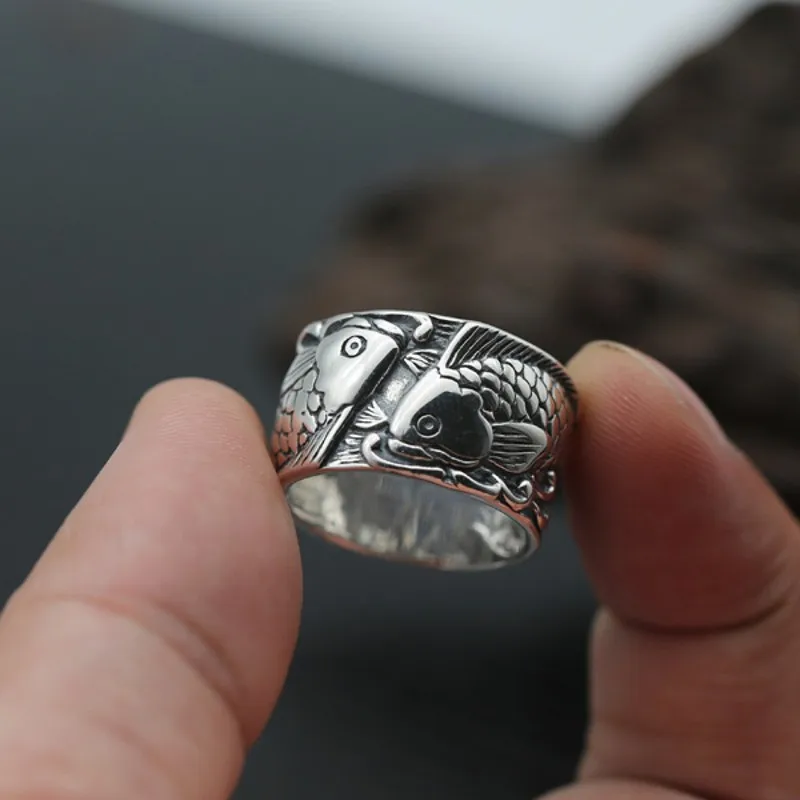 Мужское серебряное кольцо BOCAI настоящее чистое s925 пробы тайское с рыбами