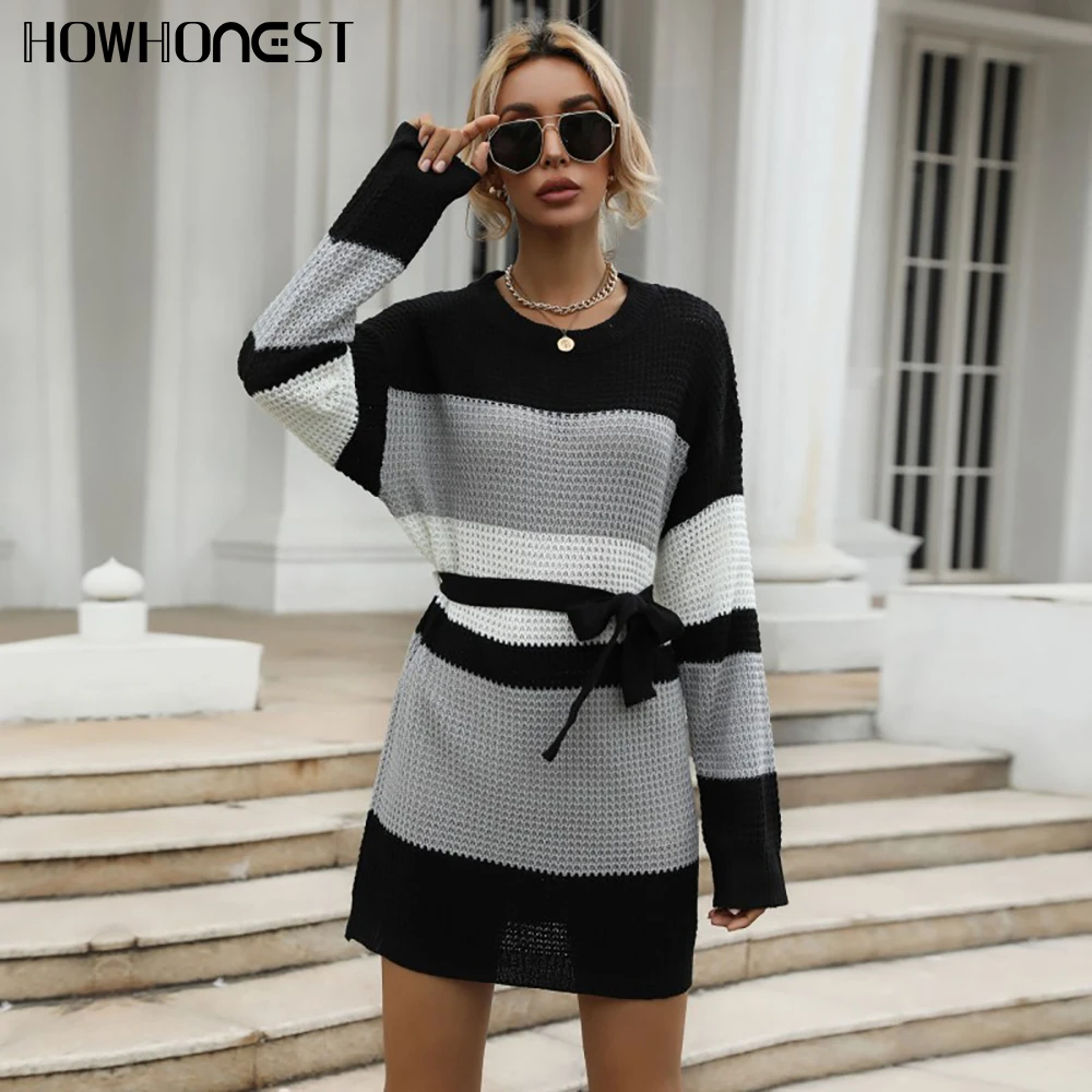 

Dresses For Women 2021 New Autumn Winter Long O Neck Stitching Casual Elegant Knitted Sweater Dress Vestidos Robe Femme