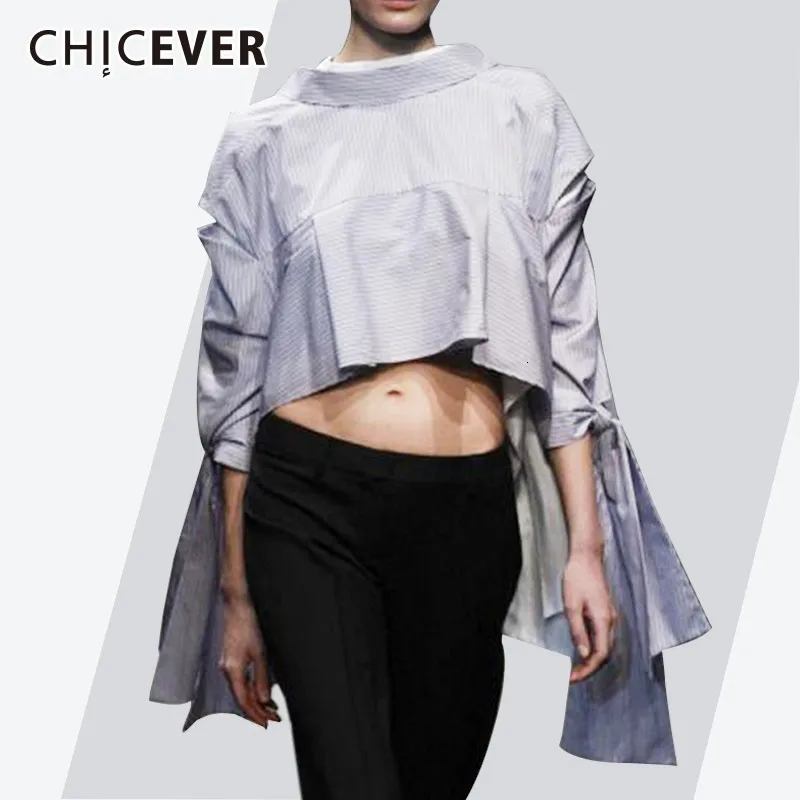 CHICEVER Повседневная летняя полосатая Синяя Женская блузка с круглым вырезом и