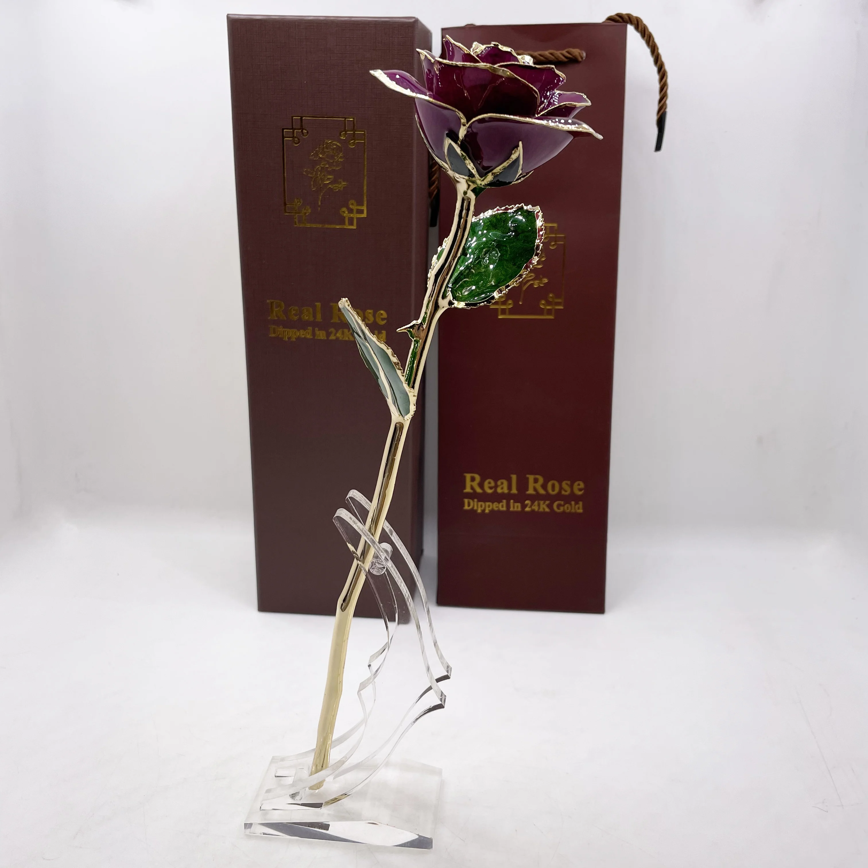 

Beautiful 11 inches Real Rose dipped 24K Gold Plated Preserved Purple Rose Valentine's Day Gift flower Wedding gifts for Lover
