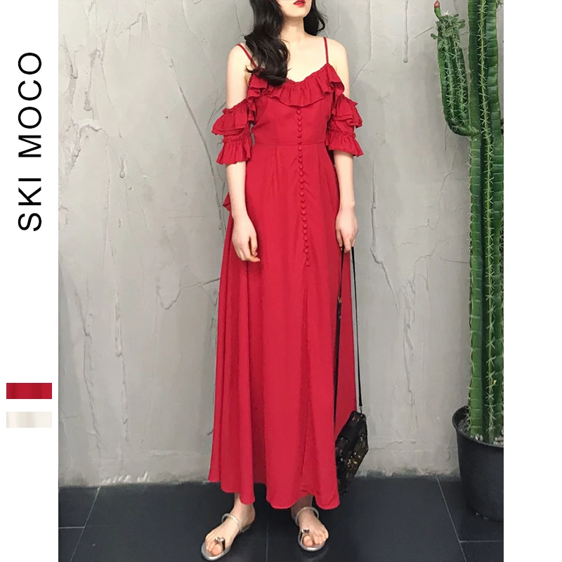 Сексуальное летнее пляжное шифоновое платье с холодными оборками длинное