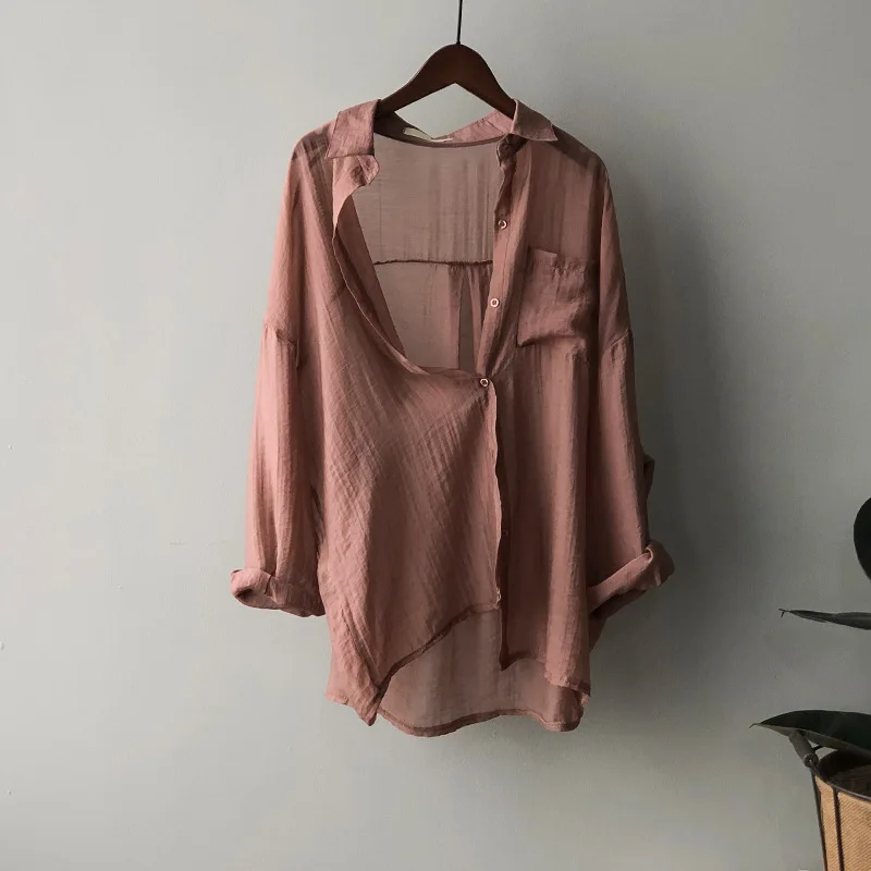 Женская однобортная блузка с отложным воротником свободная Однотонная рубашка