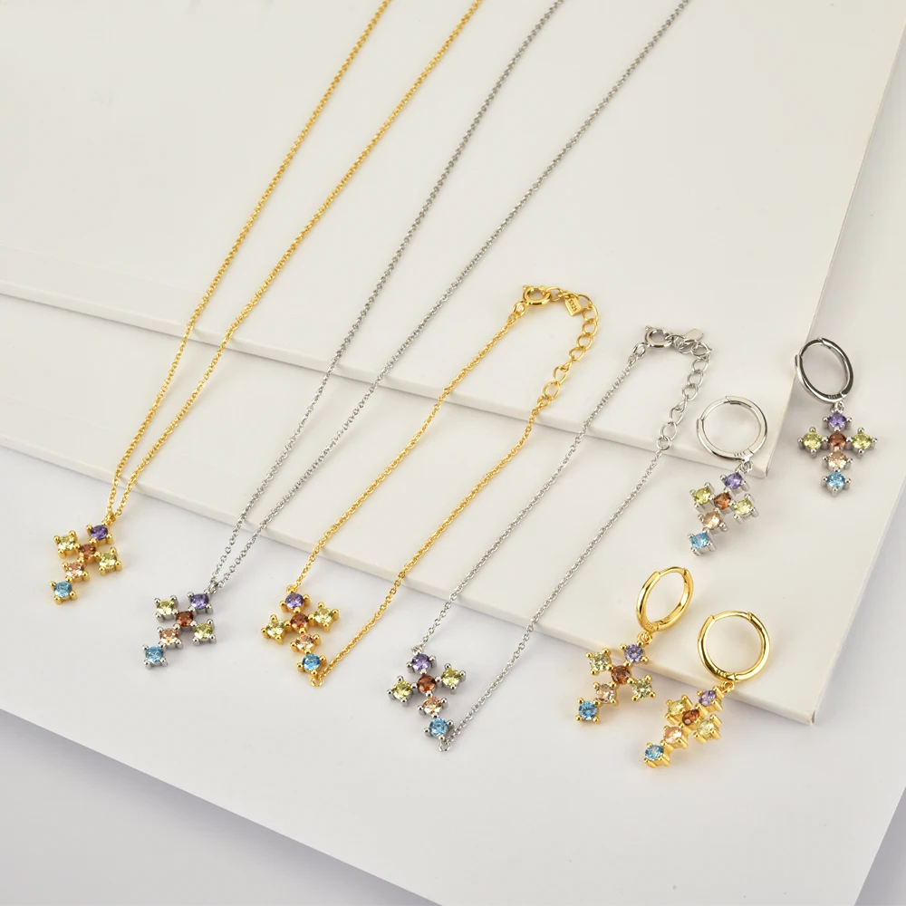ANDYWEN 925 Sterling Silver Rainbow Colorful Six Zircon Cross Pendent Necklace Long Chain Women Luxury Jewelry Crystal Fine | Украшения и