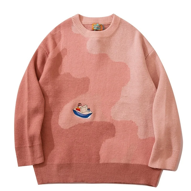 Зимний вязаный контрастный ретро свитер в стиле Харадзюку С мультяшным принтом