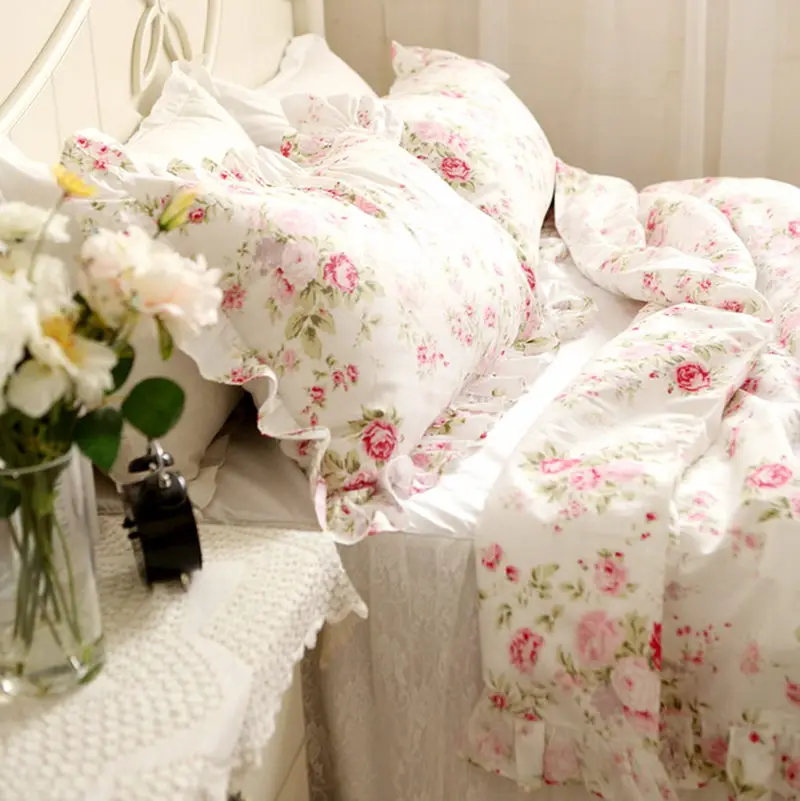 

European style Pastoral bedding set flower print ruffle duvet cover quilt covers elegant embroidered lace yarn bedspread skirt