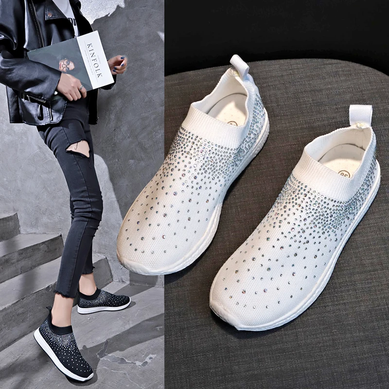 Новинка Модная обувь на плоской подошве со стразами Женские дышащие кроссовки