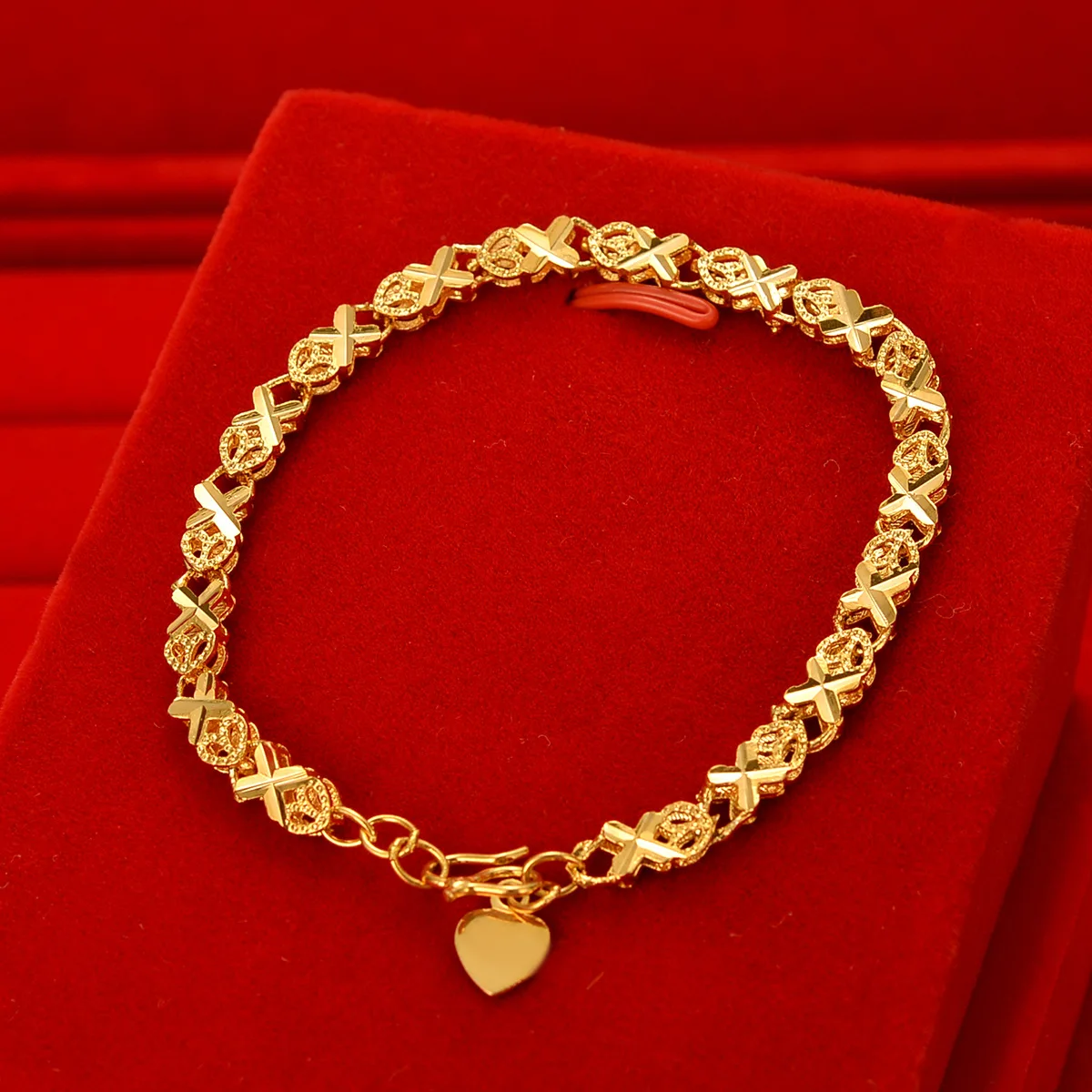 

Luxury 24K Yellow Gold Golden female clover heart shaped Chain Bracelet for women's Wedding Engagement Fine gold Jewelry Gifts