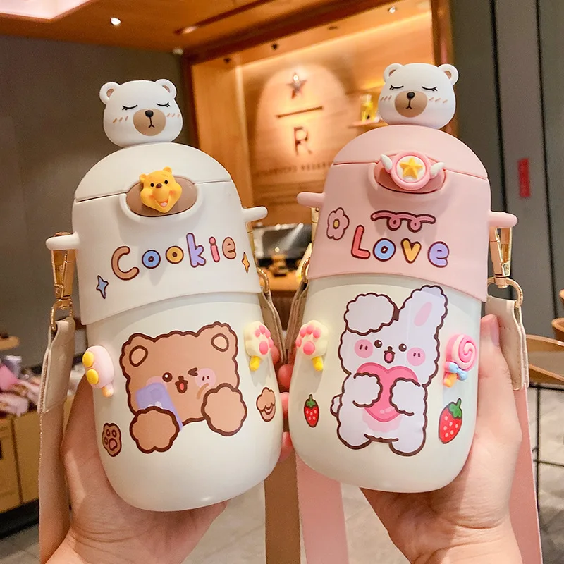 

Kawaii Bear Thermos Bottle Cute Kids Water Bottle With Straw Sticker Strap Insulated Stainless Steel Girls Thermal Cup 500ml