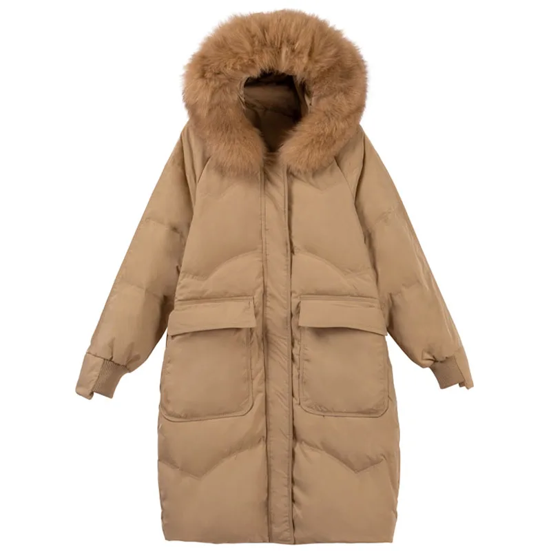 

Women's Fashion Big Fur White Duck Down Parkas Winter Hooded Coat Long Winter Jacket for Ladies Warm Loose Outerwear