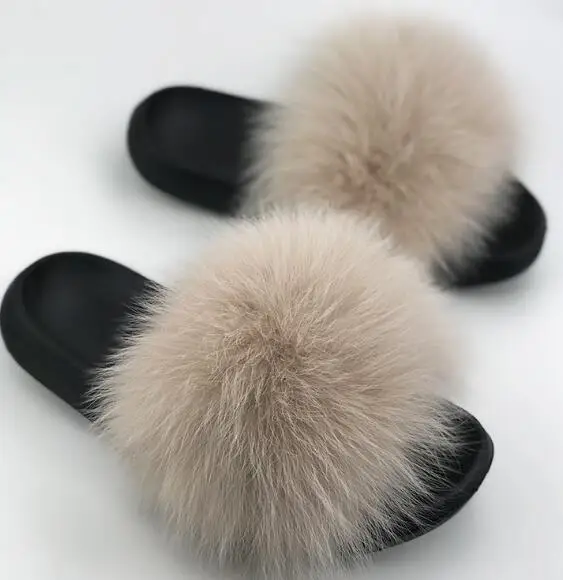 Olomm/детские тапочки с натуральным лисьим мехом; шлепанцы с мехом енота; Chinelos Menina; обувь для маленьких девочек; летние шлепанцы - Цвет: light coffe