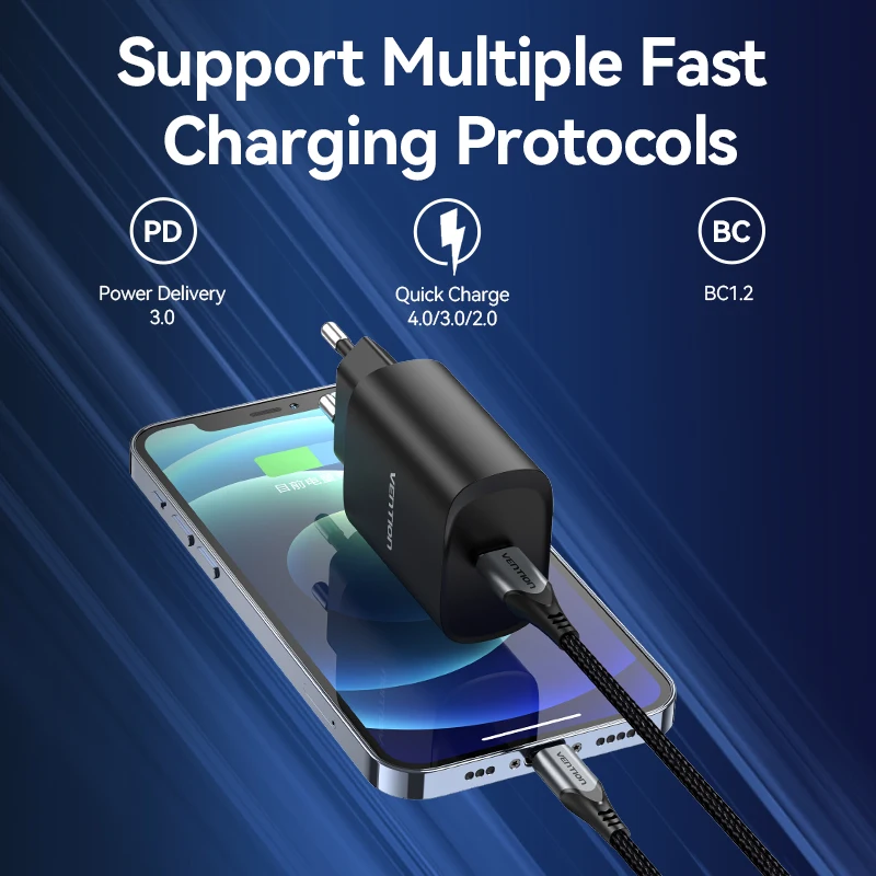 Vention-cargador USB tipo C para tel&eacute;fono m&oacute;vil, dispositivo de carga r&aacute;pida de 20W, 4,0, 3,0, para iPhone 13, 12, Xs, Xiaomi, QC4.0, QC3.0, PD-4