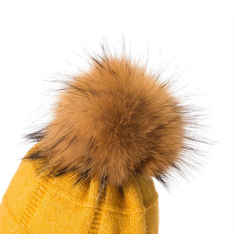 

Winter Hats For Women Natural Fur Pompom hat Warm Wool Slouchy Beanies For Female Fashion Skullies Lady Hats