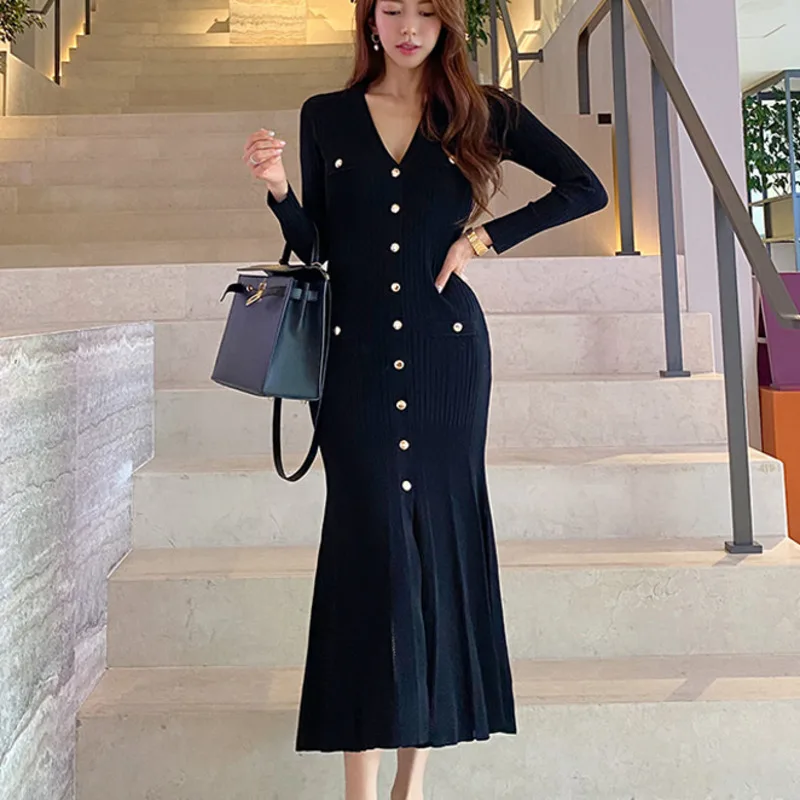 

Женское трикотажное платье-свитер, с пуговицами, в Корейском стиле