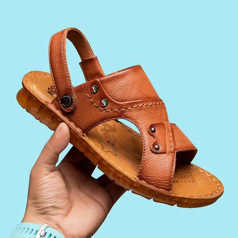 

Мужские кожаные сандалии с верхним слоем, Классическая Летняя обувь, мягкие шлепанцы, удобная Уличная обувь в римском стиле для прогулок