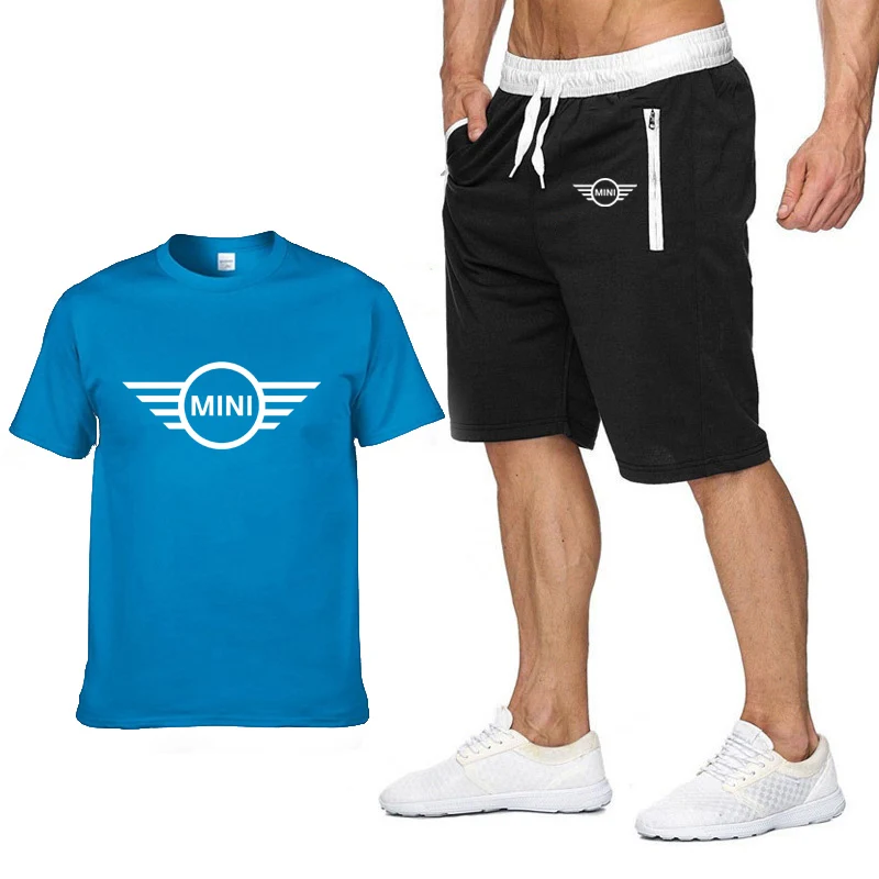 

Summer Men T-shirt Mini Car Logo Printing Fashion Casual Cotton Short Sleeve Round Neck Men's T-shirt+shorts 2 Piece Suit