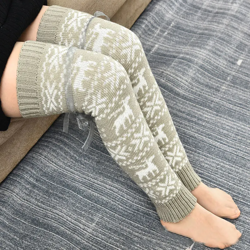 

Christmas Knitted Socks Women Fashion Snowflake Elk Print Stockings 2021 Happy New Year Home Floor Warm Thigh High Foot Socks