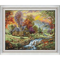 small streams of water fawn animal countryside huts beautiful landscape holiday villa cross stitch suite decorative painting set