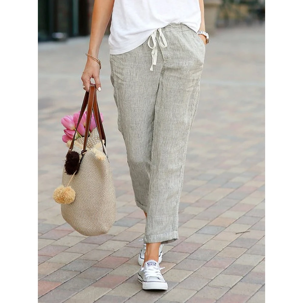 Однотонные свободные брюки повседневные укороченные на шнуровке серого черного