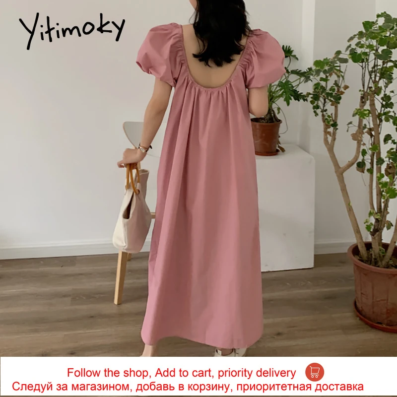 

Yitimoky Vintage Dresses Women Puff Sleeve Loose Waist Square Collar Party Long Dress Folds Casual New Summer 2021 Black Pink