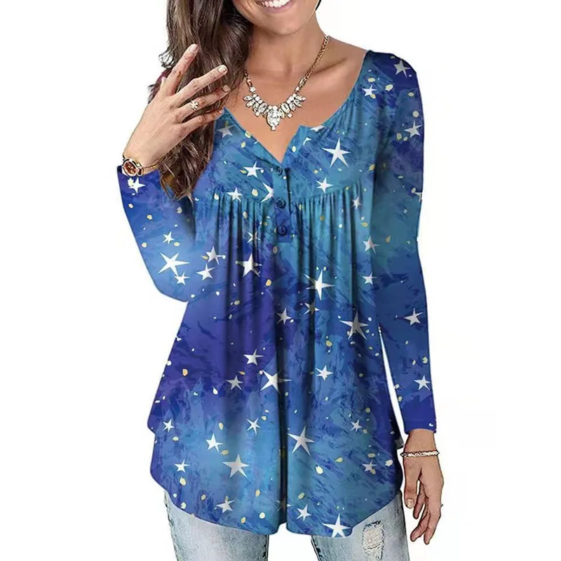 

Женская футболка на пуговицах, Повседневная футболка с длинным рукавом и цифровым 3D принтом звезд, осень 2021
