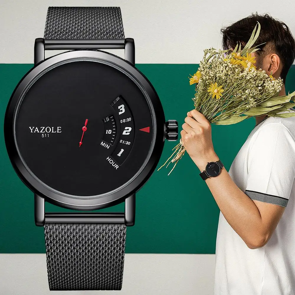 

Creative Red Seconds Turntable Design Quartz Men Watches Black Mesh Stainless Steel Wristband Hook Buckle Mens Wrist Watches