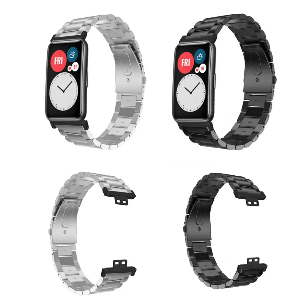 

20mm Double Snap Buckle Three Beads Solid Stainless Steel Watch Strap Watch Band for HUAWEI WATCH FIT