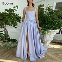 booma 2021 lilac taffeta prom dresses square neck high slit a line formal evening dresses with pockets lace up maxi party gowns
