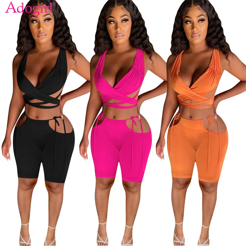 

Adogirl Drop Ship Wholesale Women Solid Two Piece Set Suit Cross V Neck Sleeveless Crop Top Lace Up Cutout Shorts Tracksuit