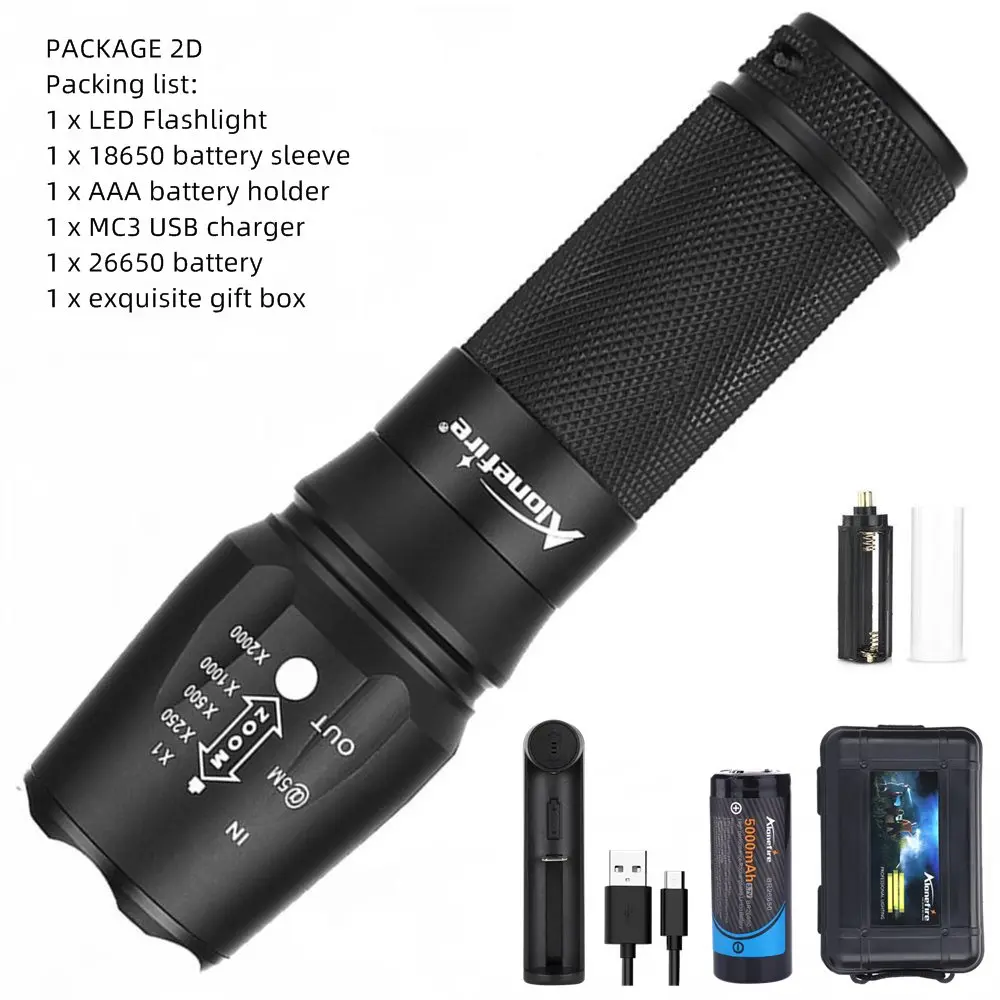X800 flashlight 2D AloneFire Flash светильник X800 Cree XM-L T6 L2 U3 v6 светодиодный фонарь с зумом для рыбалки, путешествий, кемпинга, Точечный светильник фонарь AAA 18650 26650 батарея - Испускаемый цвет: X800 flashlight 2D