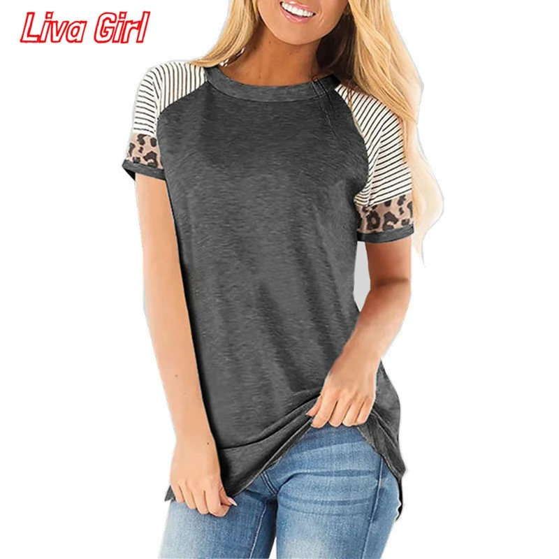 Big Size Women Clothing 2020 Summer Tops Leopard Print Casual Tee Shirt Striped Patchwork T Female O-Neck Loose |