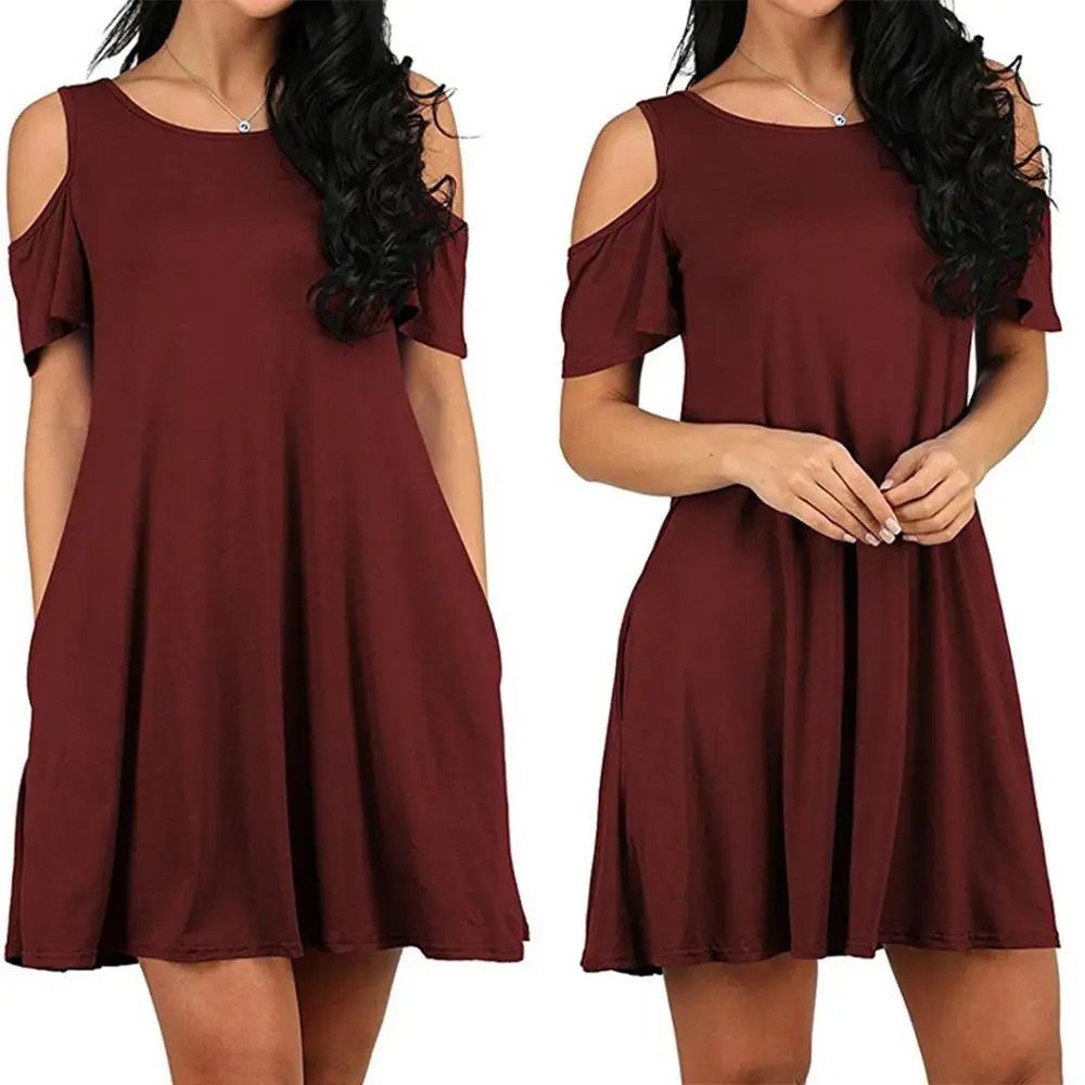

Vicabo Womens Loose Large Size Dress Femela Fashion Off Shoulder Mini A-line Dresses Ladies Wine Red Pocket Vestidos