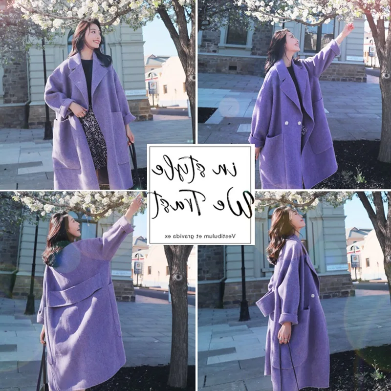 

Sweet violet mid-length suit collar, one button, high-quality and elegant woolen woolen coat, women's coat loose and comfortable