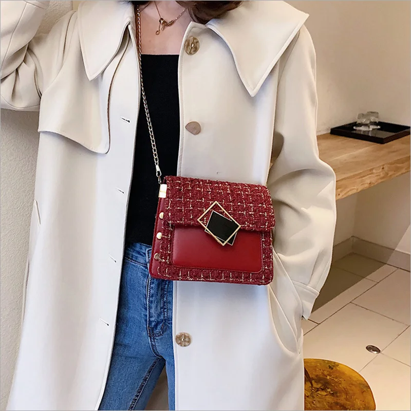 

2020 new fashion women's leather bag spring and autumn crossbar shoulder bag check small square bag Nizi versatile chain foreign