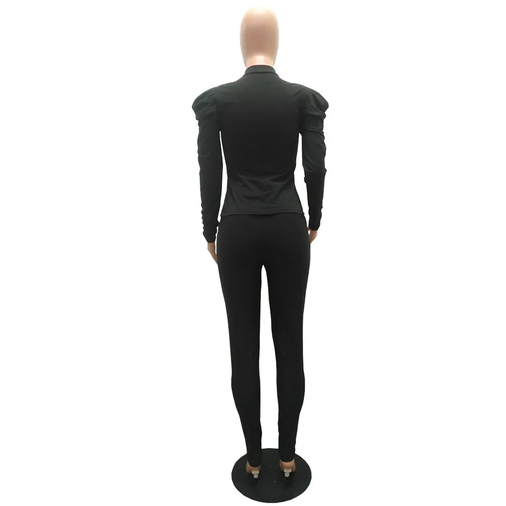 

Sexy Skinny Two Piece Sweatsuit Women's Clothes 2021 Long Puff Sleeve Zipper Up Coat + Skinny Legging Autumn Casual Club Outfit