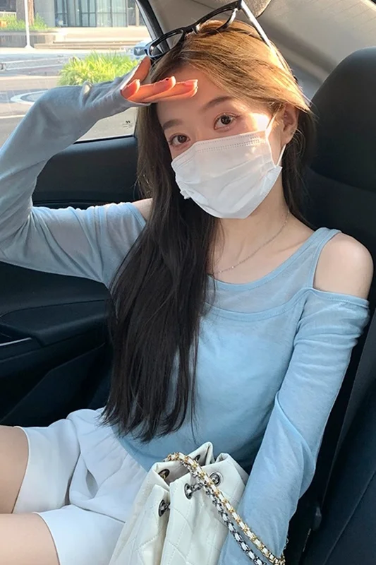 Футболка женская с открытыми плечами и длинным рукавом тонкая Солнцезащитная