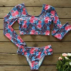 2020 сексуальные бикини с длинным рукавом, женский купальник с принтом зеленых листьев, купальные костюмы, пляжная одежда, комплект бикини с высокой талией для женщин