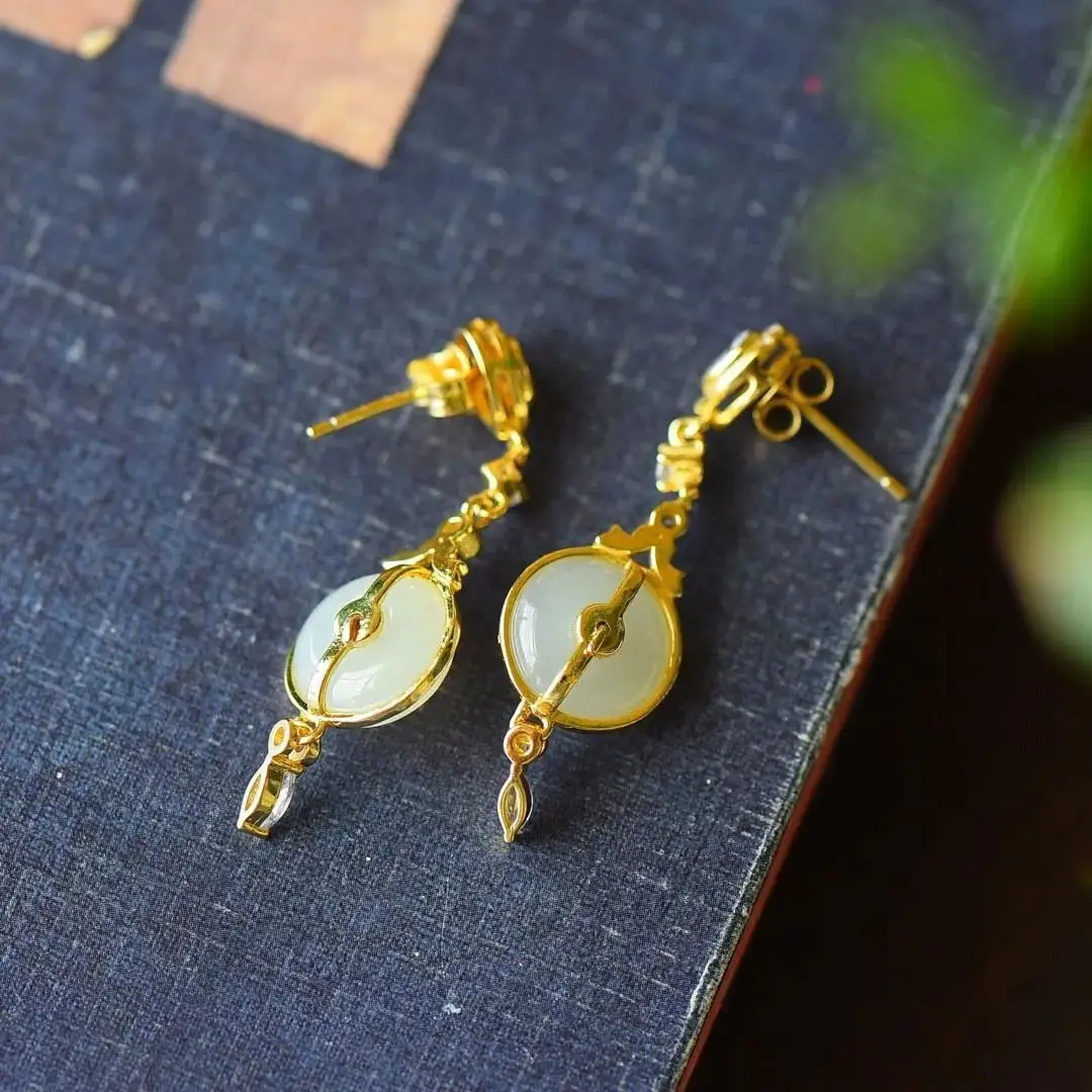 

Antique Earrings Chinese Style S925 Sterling Silver Gilding Ruyi Special-Interest Design Natural Hetian Jade Peace Buckle